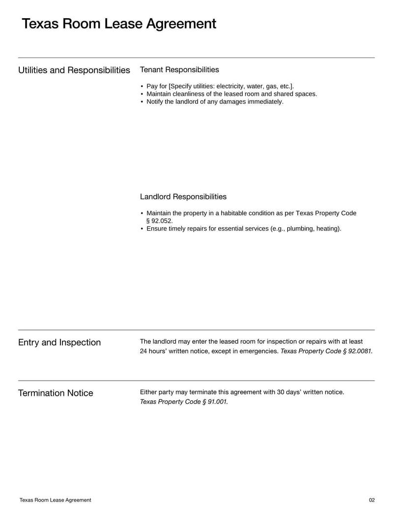 Room Lease Agreement Texas template for specifying rental terms, tenant responsibilities, and use of a room within a residential property in Florida