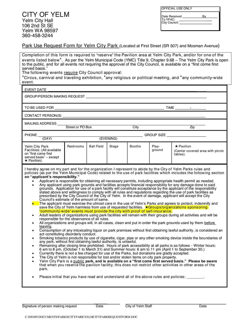 Request Form for Yelm City Park | Fill and sign online with Lumin