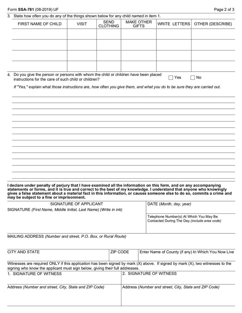 Large thumbnail of Certificate of Responsibility for Welfare and Care of Child Not in Applicant's Custody (Form SSA-781) - Oct 2019