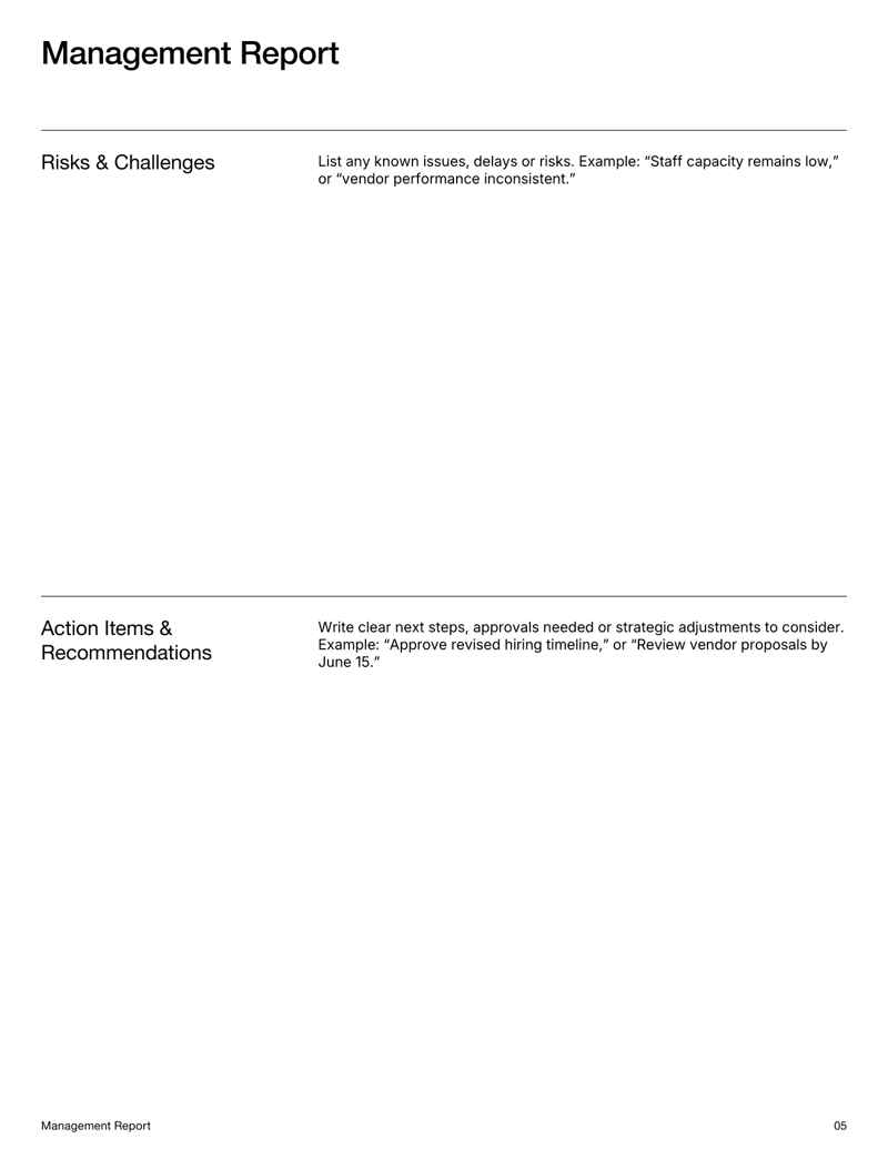 Management Report for summarizing business metrics, financials and departmental updates