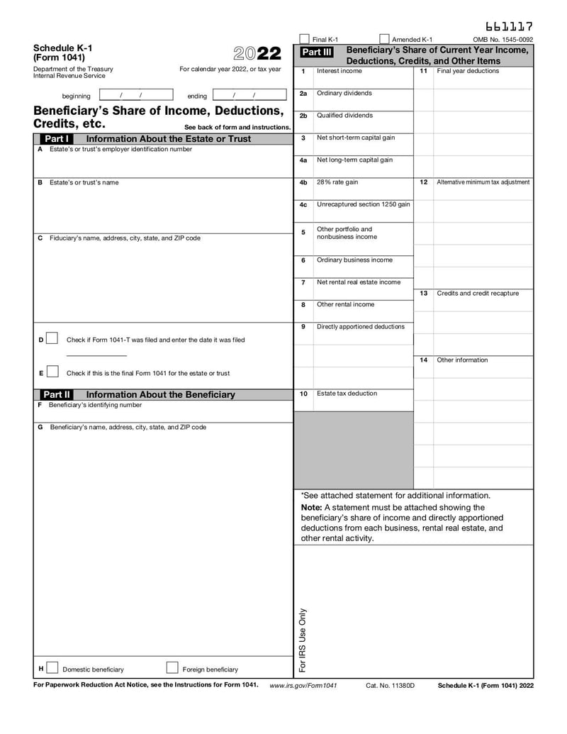 Large thumbnail of Schedule K-1 (Form 1041) - Jan 2022