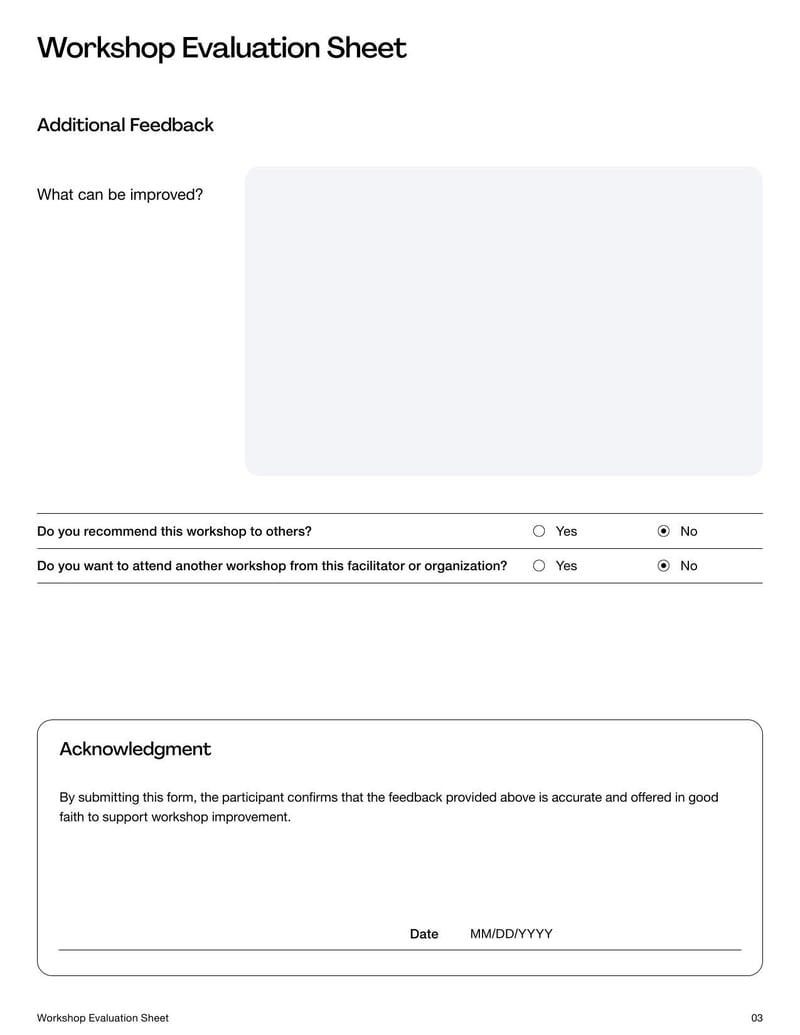 Workshop Evaluation Sheet for collecting participant feedback after a training or seminar
