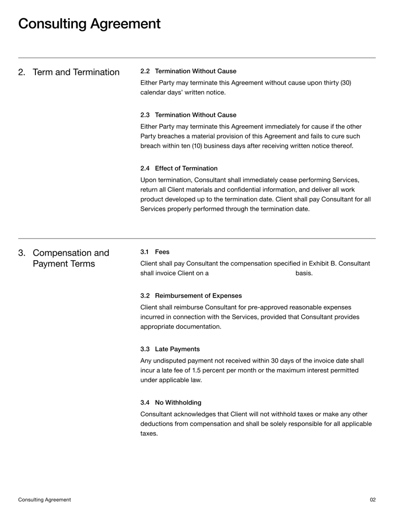 Consulting Contract Template for documenting scope, payments and legal terms between client and consultant