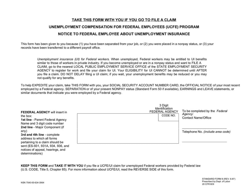 Large thumbnail of SF-8 - Notice to Employees of Insured Status for Unemployment Insurance Purposes - Jan 2010