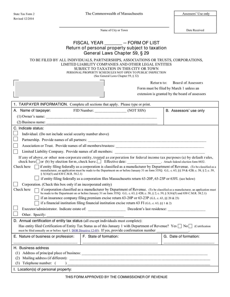 Thumbnail of State Tax Form 2 Return of Personal Property Subject to Taxation - Sep 2017 - page 0