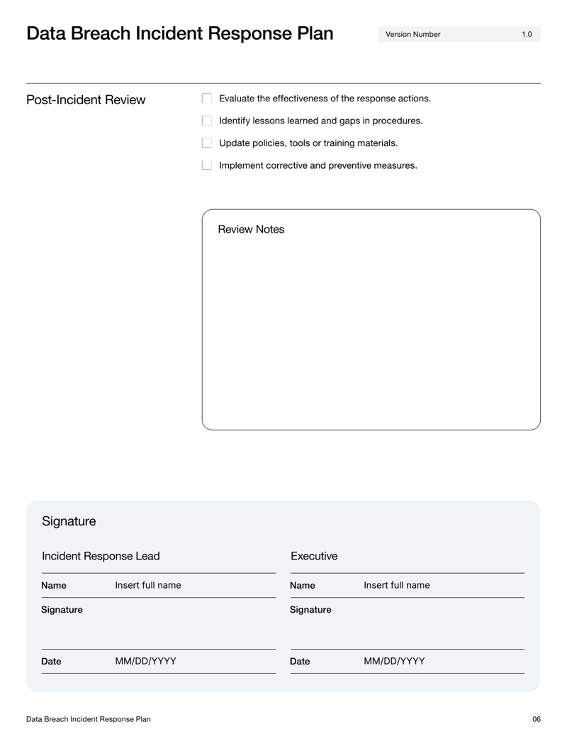 Data Breach Incident Response Plan template with sections for incident identification, containment, investigation, recovery and post-incident review