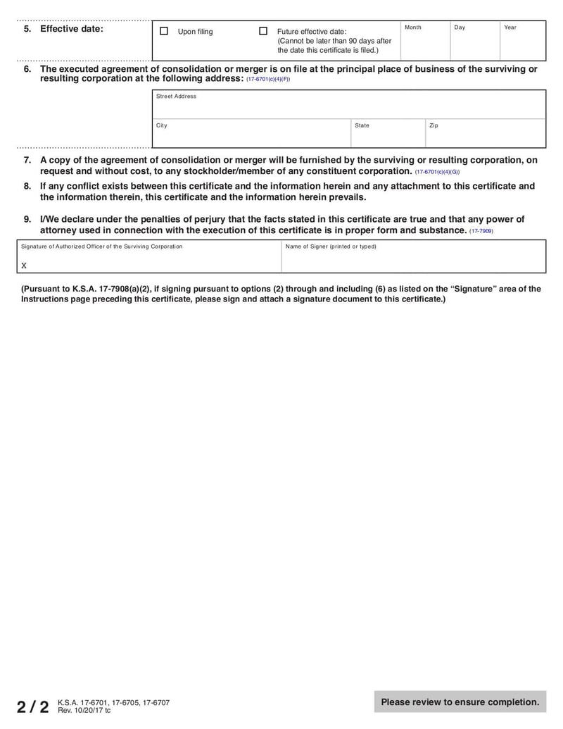 Large thumbnail of Certificate of Merger or Consolidation of Two or More Kansas Corporations - Oct 2017