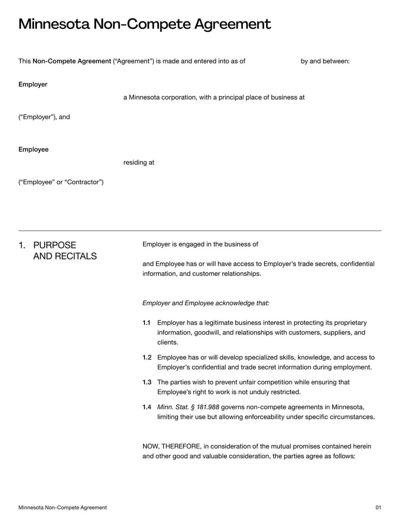 Non-Compete Agreement Minnesota for specifying employment restrictions on competitive work within the state’s legal limits