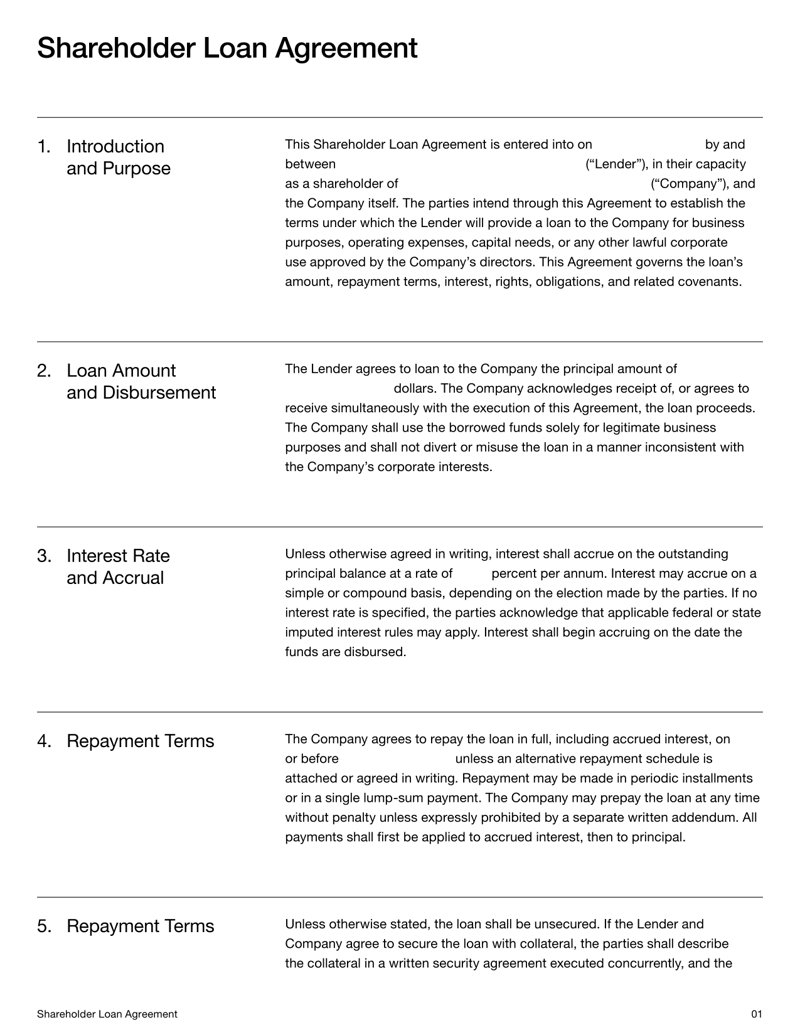 Shareholder Loan Agreement setting out loan terms, repayment conditions, interest, and obligations between a company and its shareholder under US law
