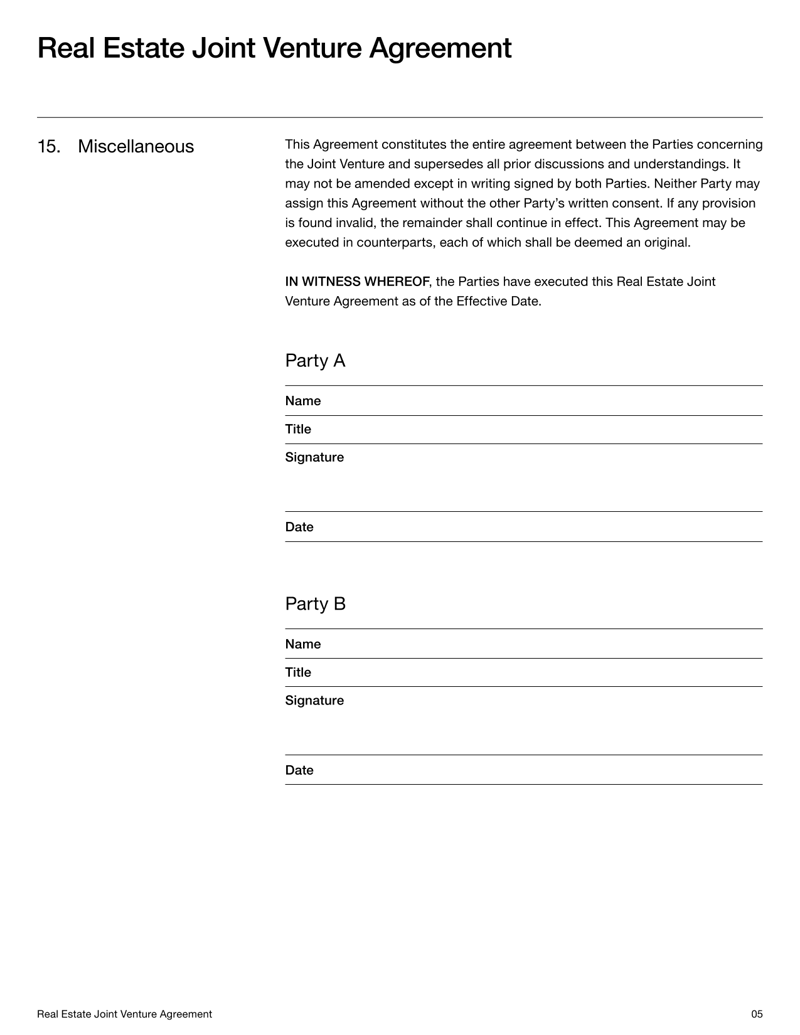 Real Estate Joint Venture Agreement for property acquisition, development, management and profit-sharing
