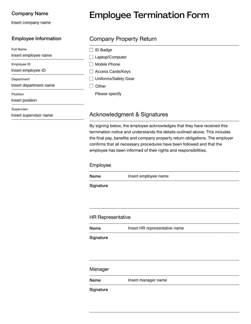 Employee Termination Form documenting details of an employee's separation from the company