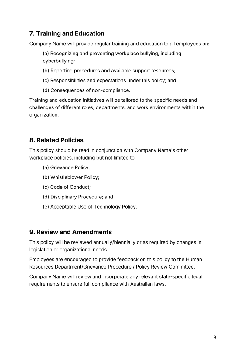 Anti-Bullying Policy for Australian workplaces addressing bullying, complaint procedures, compliance and employee protections