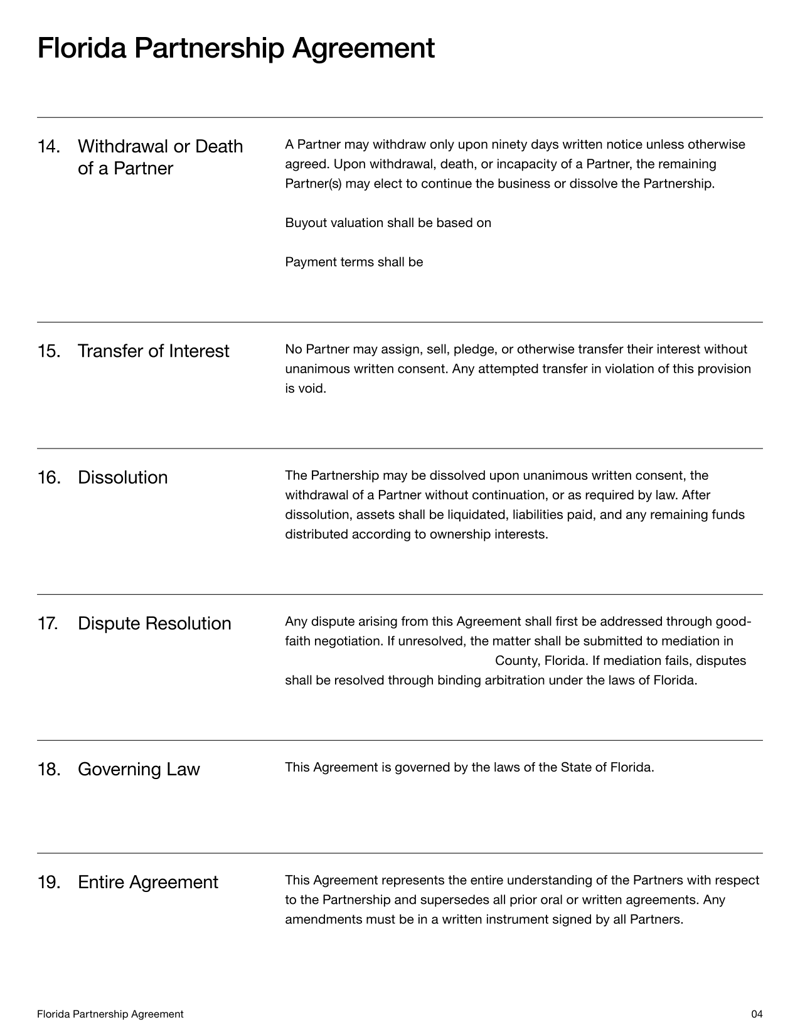 Partnership Agreement for Florida defining formation, partner duties, ownership interests and dispute resolution under Florida law