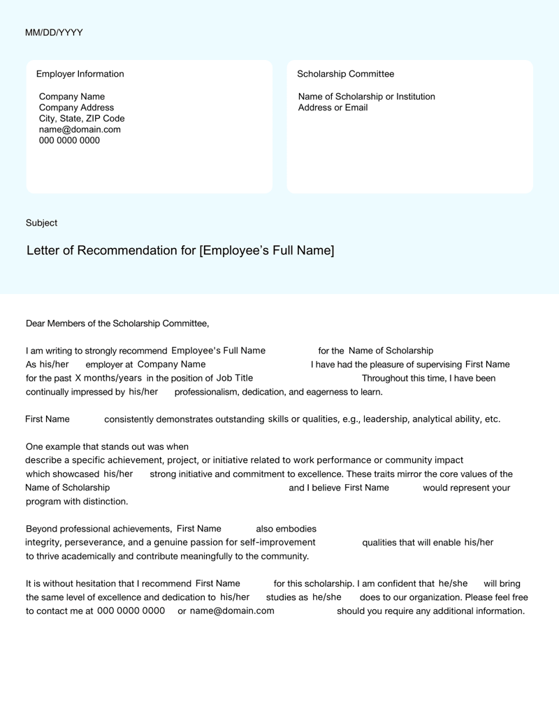 Letter of Recommendation Template for Scholarship from Employer with sections for employer information, scholarship details, introduction, body paragraphs and closing signature