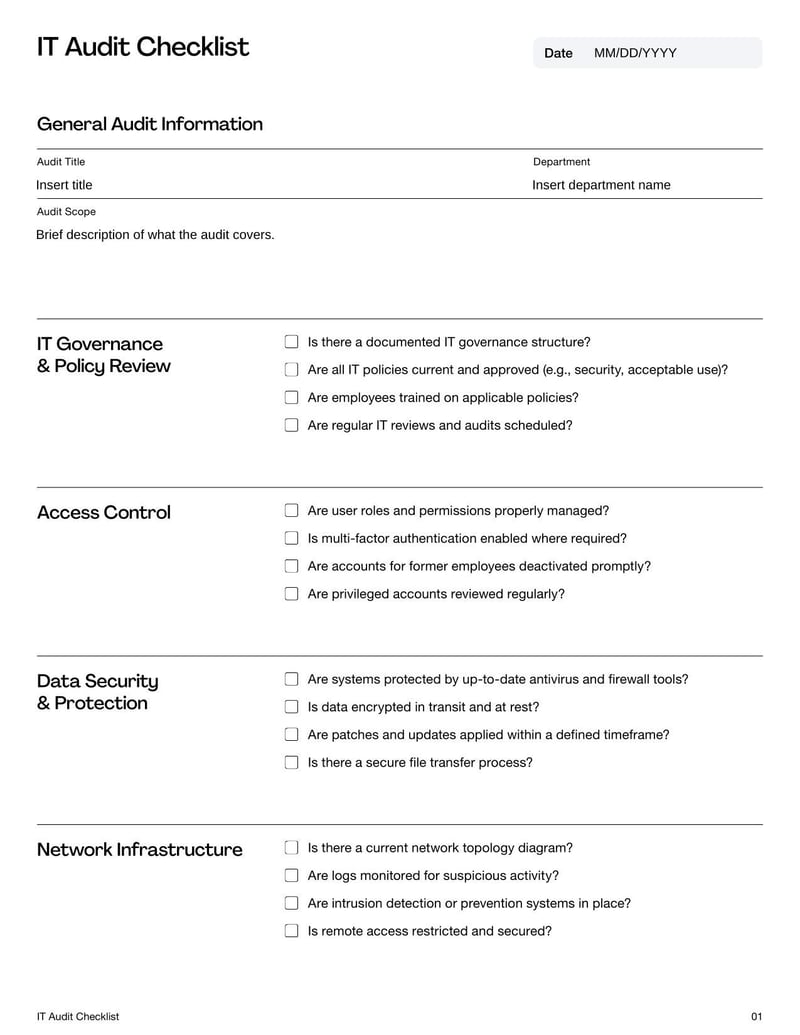 IT Audit Checklist for reviewing an organization's information technology systems and controls