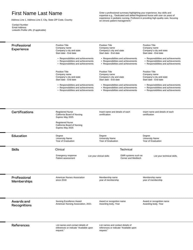 Nursing Resume Template for highlighting healthcare experience, certifications, and patient care skills