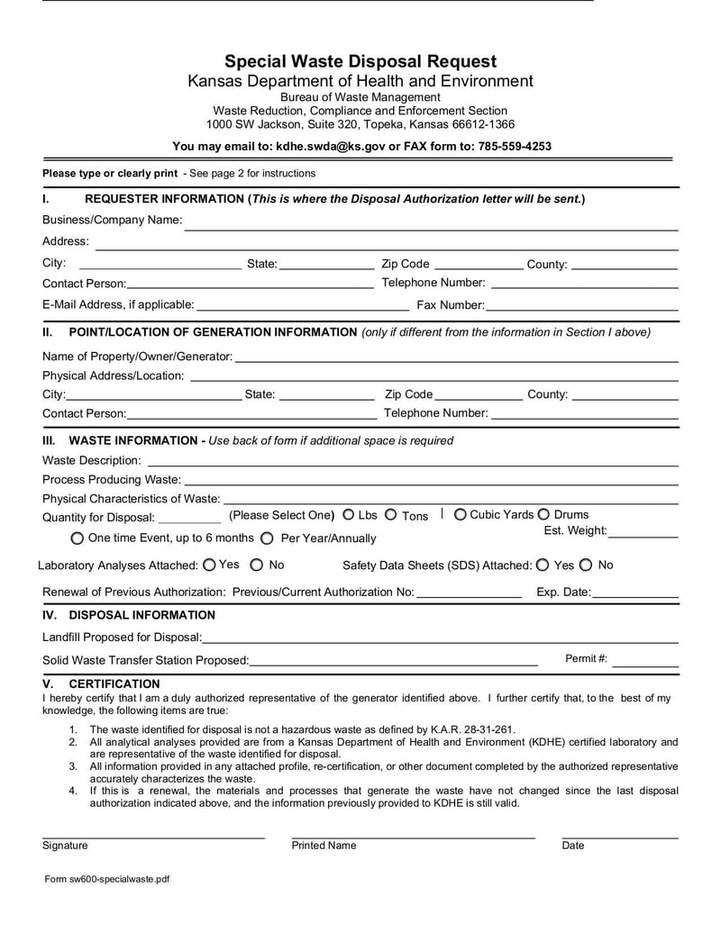 Large thumbnail of Special Waste Disposal Request Form - Mar 2020