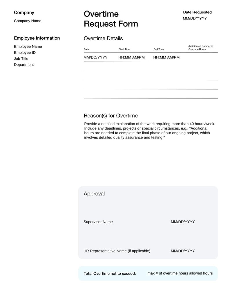Overtime Request Form for submitting and approving additional work hours beyond regular schedules