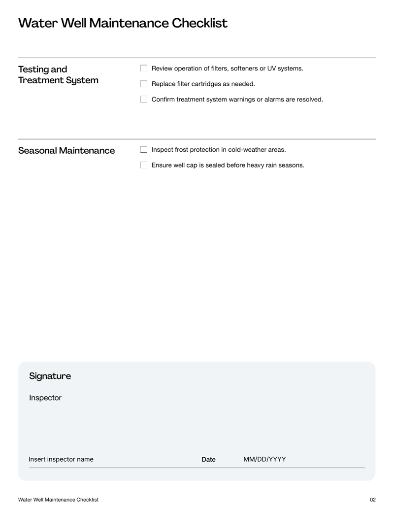 Water well inspection checklist with sections for casing, pump system, surrounding area, and water quality 