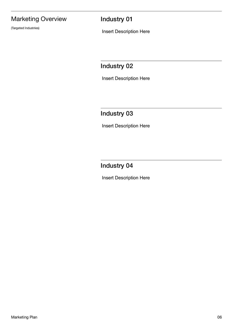 Marketing Plan Template for organizing marketing strategies, target audiences, budgets, and campaign goals