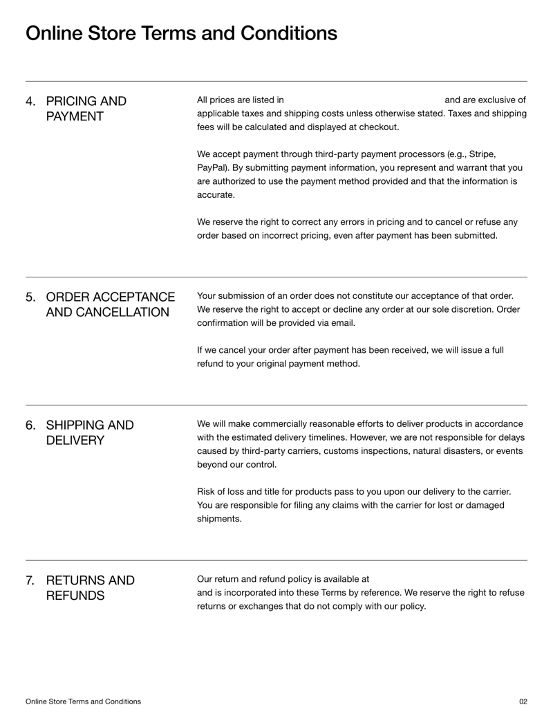 Online Store Terms and Conditions covering purchase terms, payment and dispute resolution