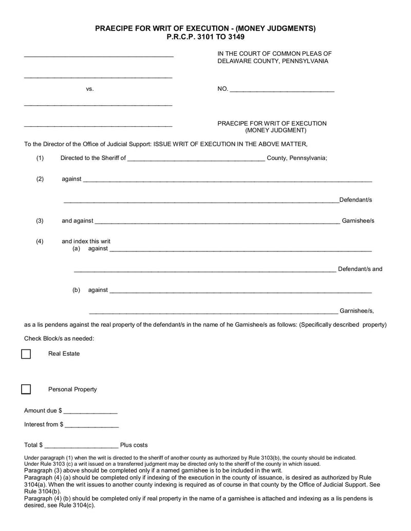 Large thumbnail of Praecipe for Writ of Execution Money Judgment - Mar 2009