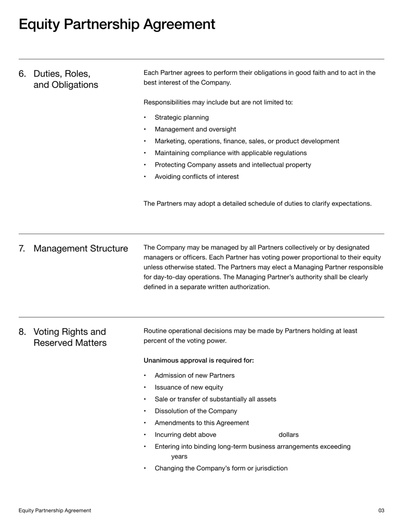 Equity Partnership Agreement defining ownership shares, profit distribution, management responsibilities, and obligations between partners under US law