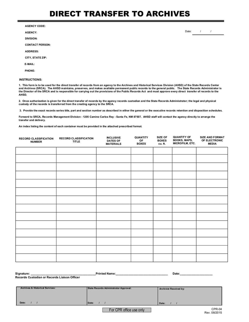 Large thumbnail of Direct Transfer to Archives Form - Aug 2015