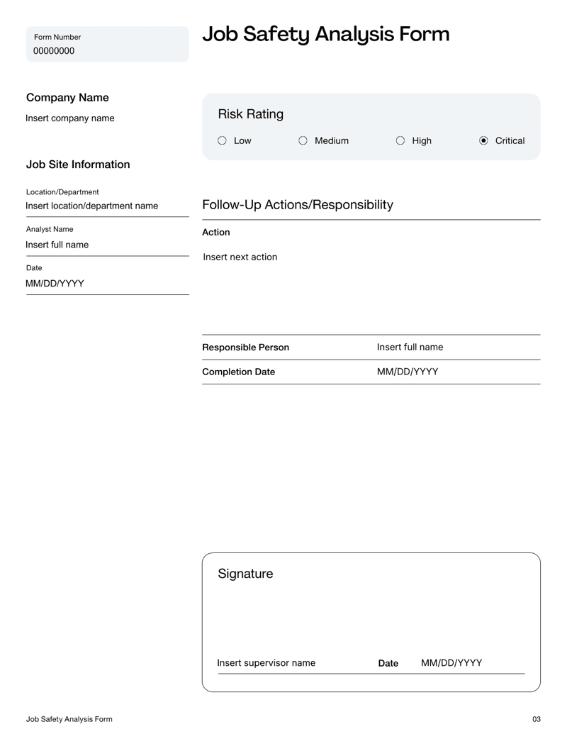 Job Safety Analysis Form with fields for job step sequence, hazards, control measures, risk rating and follow-up actions