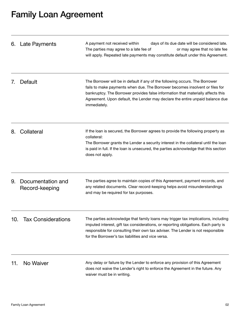 Family Loan Agreement defining loan terms, repayment schedule, interest, and obligations between family members under US law