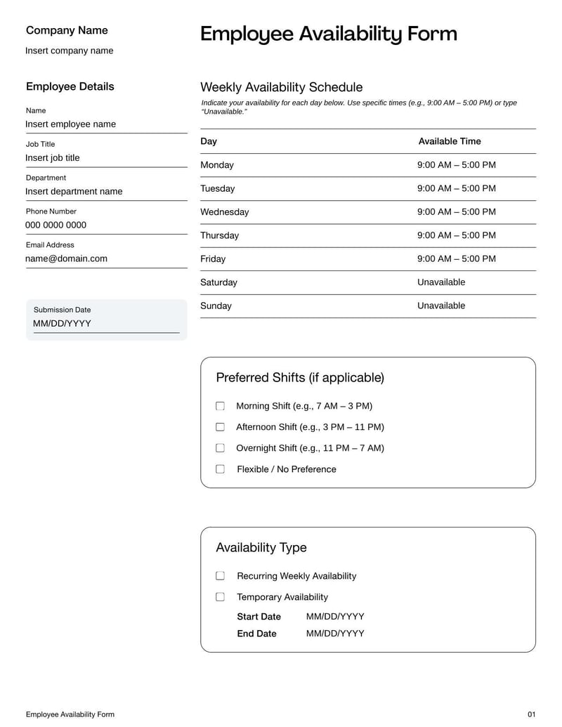 Employee Availability Form for collecting an employee’s preferred working days and hours for scheduling purposes