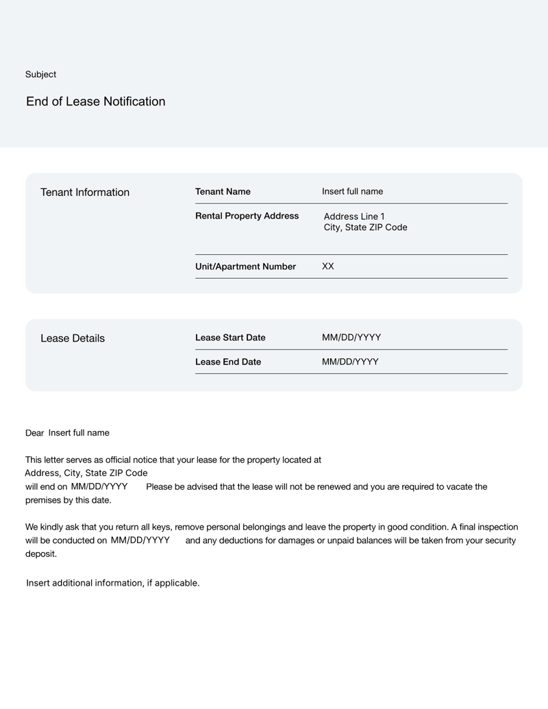 End of Lease Notification Letter from landlord to tenant with lease end date and move-out instructions