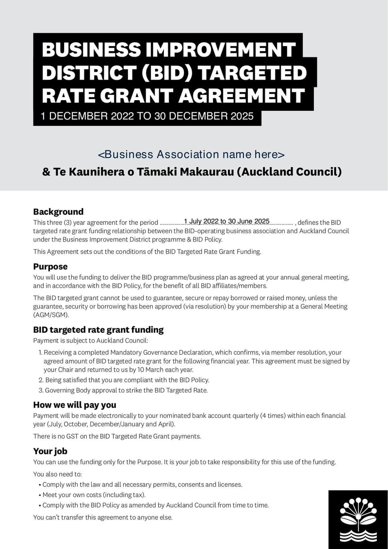 Thumbnail of Appendix A Three-Year BID Targeted Rate Grant Agreement Template - Nov 2022 - page 0