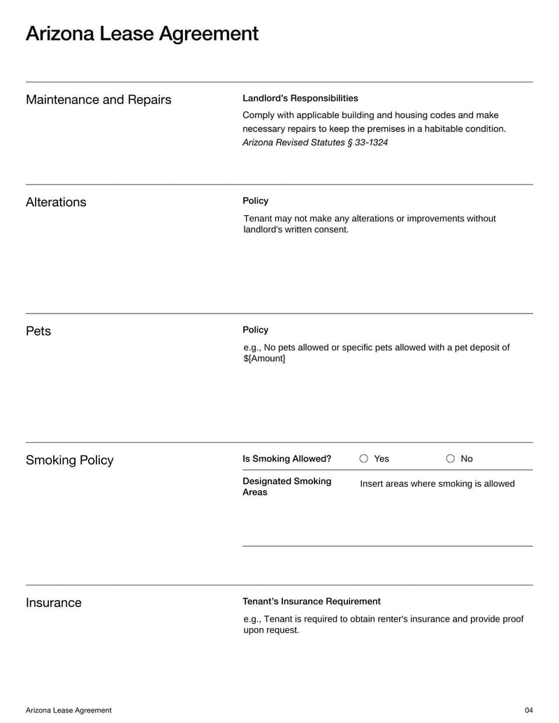 Arizona Lease Agreement for rental terms in Arizona