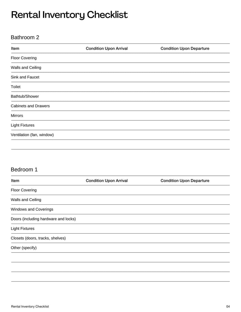 Rental Inventory Checklist for documenting the condition and items in a rental property