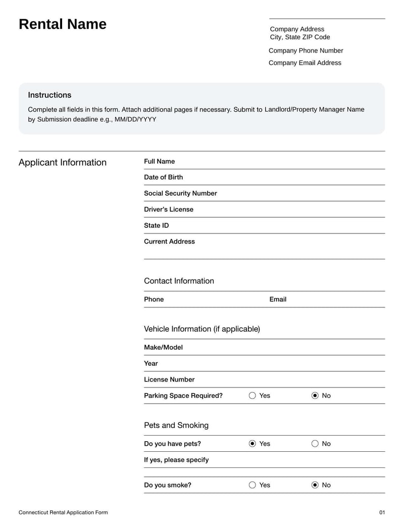 Rental Application Form CT for screening prospective tenants in Connecticut and collecting rental history details