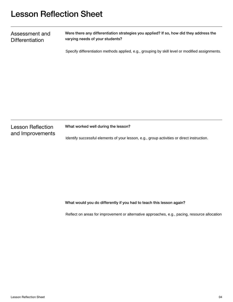 Lesson Reflection Sheet for teachers to evaluate daily lessons