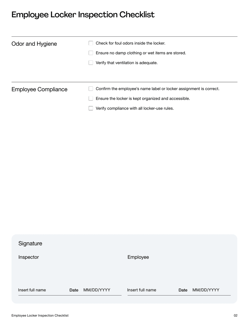 Employee Locker Inspection Checklist with sections for locker condition, cleanliness, security, contents, hygiene and signatures