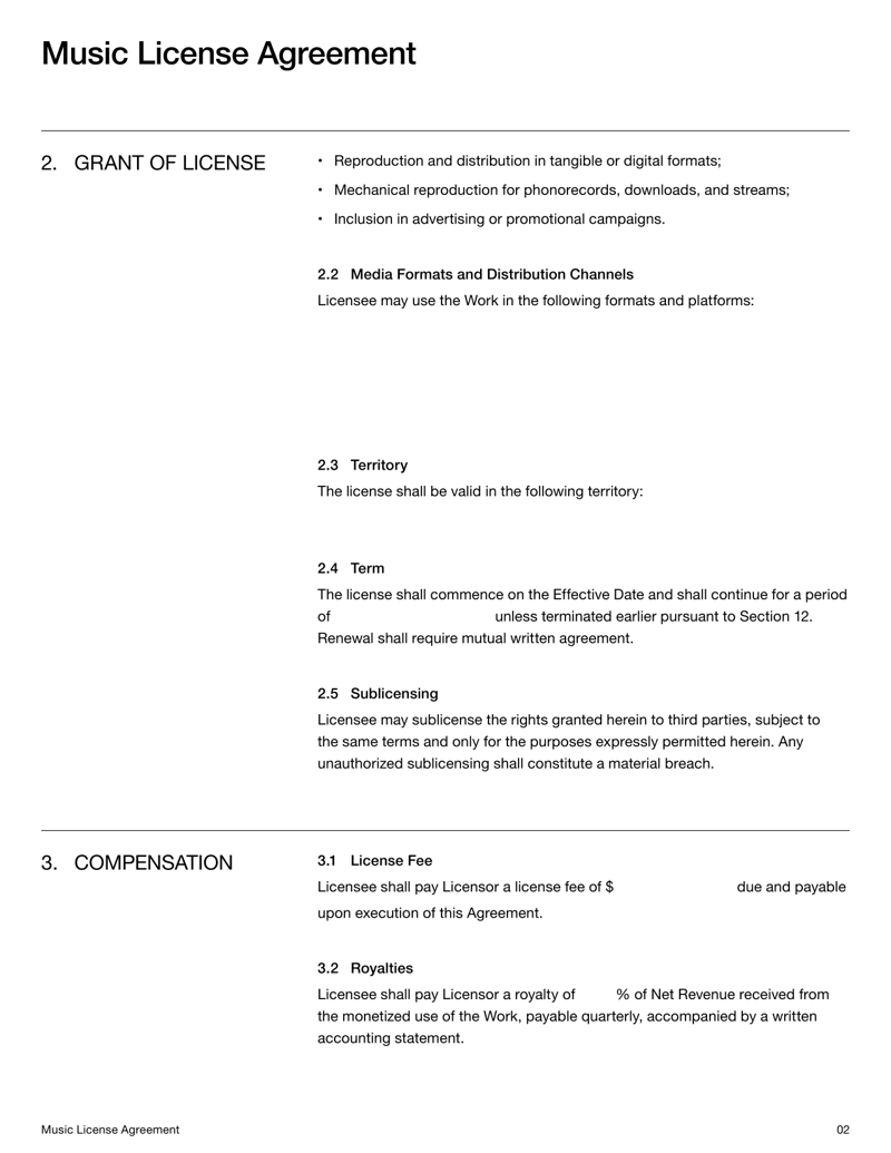 Music License Agreement for granting legal rights to use music under defined conditions