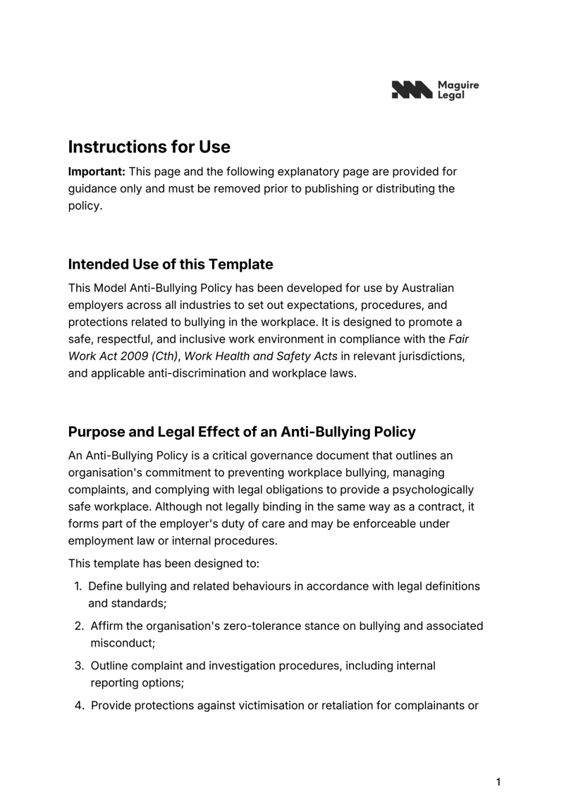 Anti-Bullying Policy for Australian workplaces addressing bullying, complaint procedures, compliance and employee protections