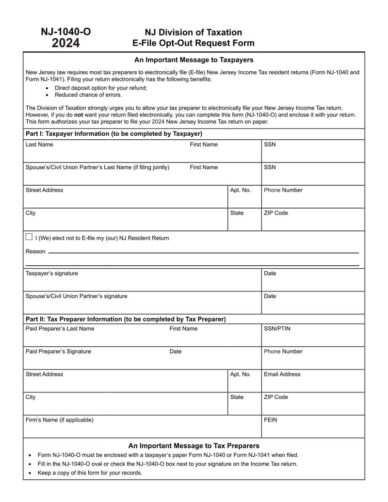 Large thumbnail of NJ-1040-O E-File Opt-Out Request Form - 2024