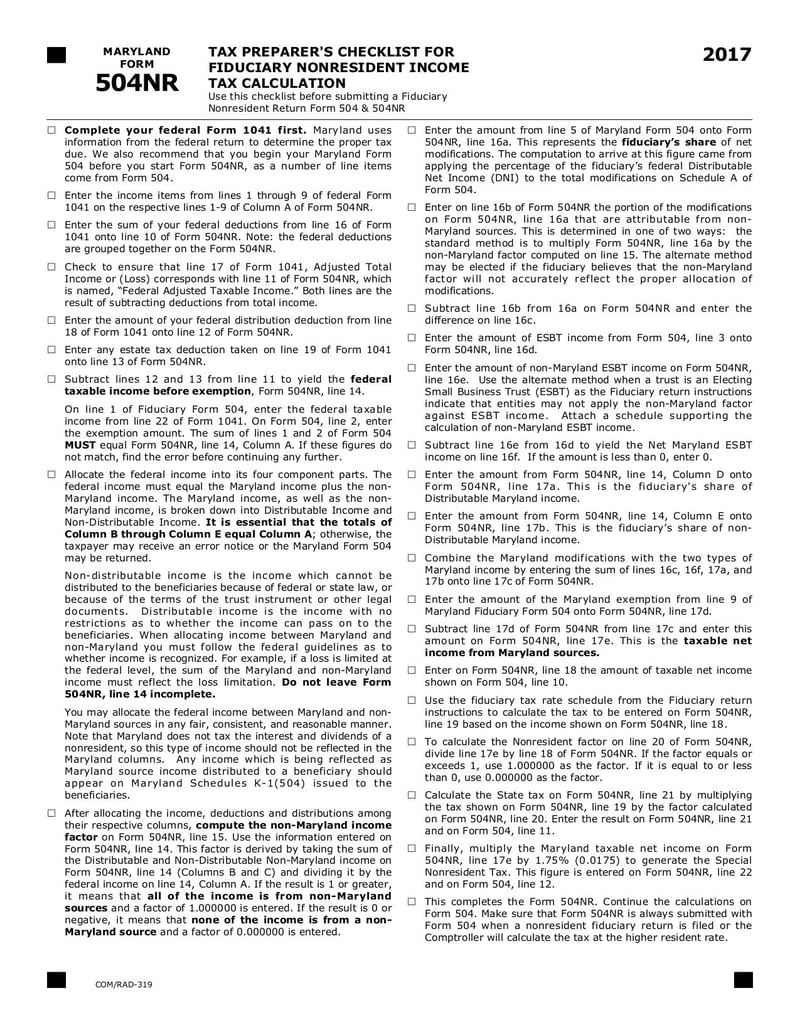 Large thumbnail of Maryland Form 504NR - Oct 2017