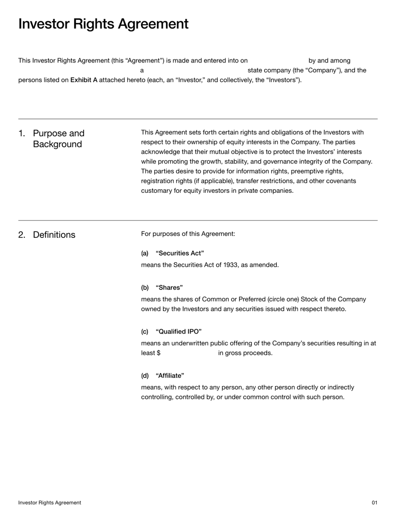Investor Rights Agreement detailing equity terms, voting rights and share classifications
