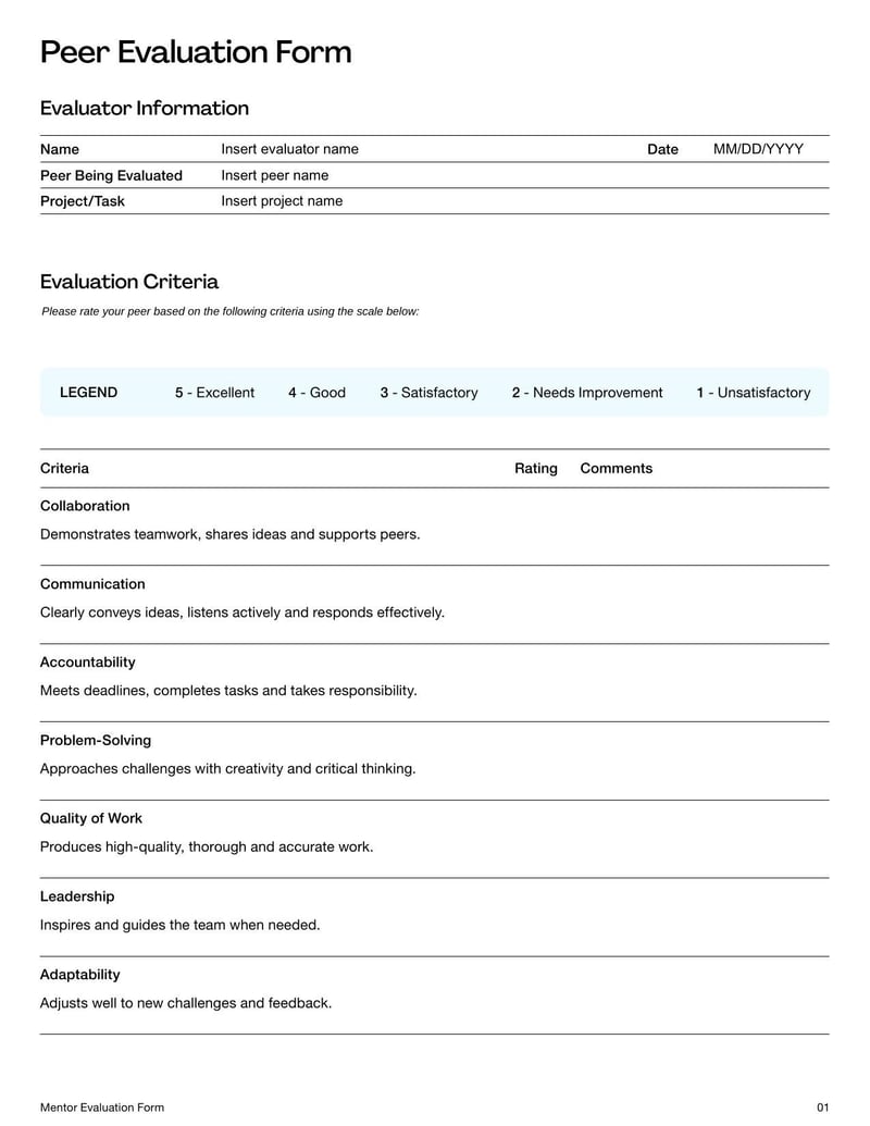 Peer Evaluation Form for assessing a colleague’s performance, collaboration, and contributions