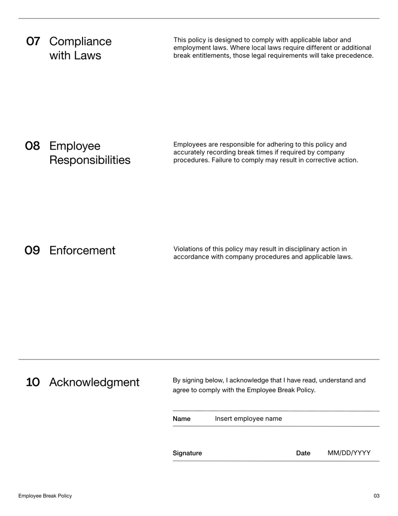 Employee Break Policy defining rest breaks, meal periods and employee acknowledgment