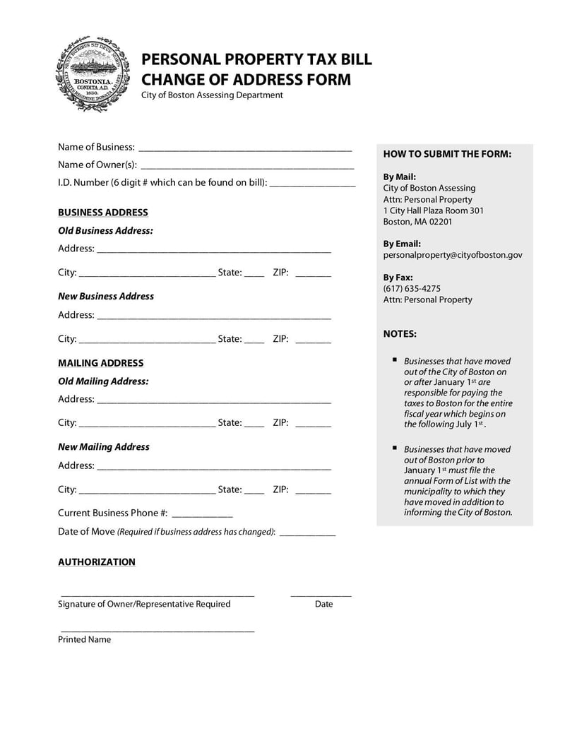 Large thumbnail of Personal Property Tax Bill Change of Address Form - Oct 2020