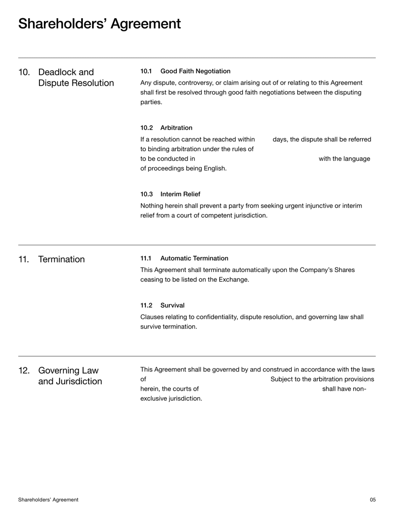 Shareholders’ Agreement (Public Company) covering shareholder rights, governance, dividends, voting and dispute resolution
