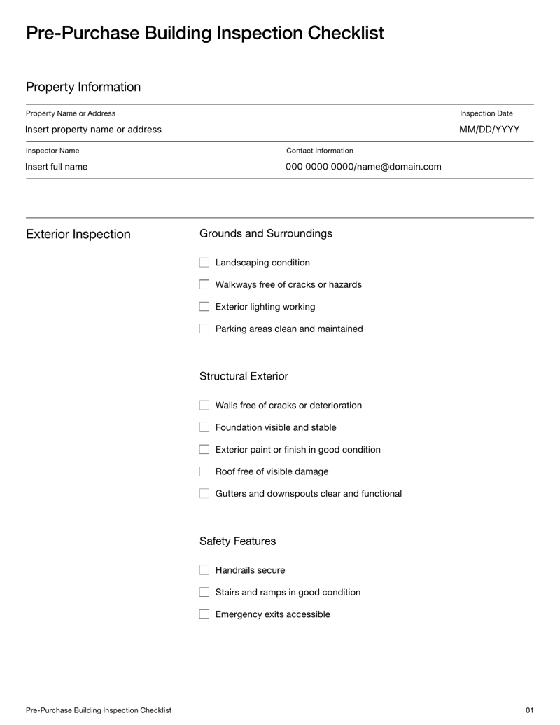 Pre-Purchase Building Inspection Checklist form with sections for exterior areas, interior inspection, mechanical systems and structural integrity