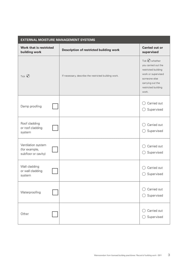Large thumbnail of Memorandum from Licensed Building Practitioner: Record of Building Work Form - Jun 2012