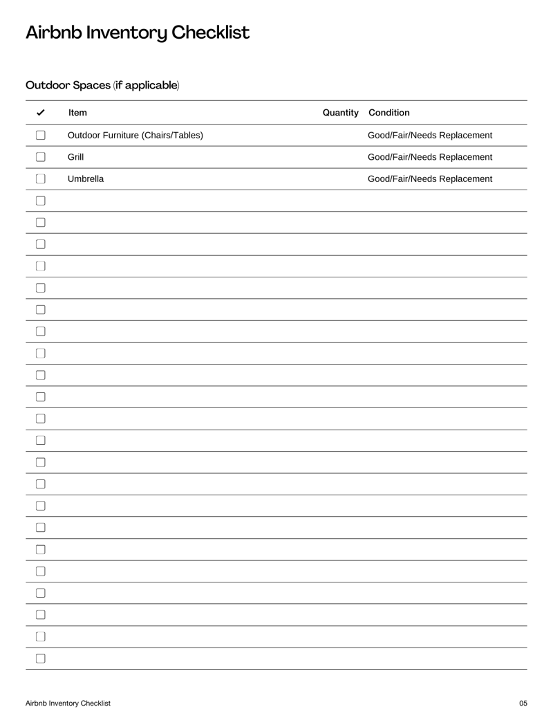 Airbnb Inventory Checklist for hosts to track property items, conditions and guest-ready supplies